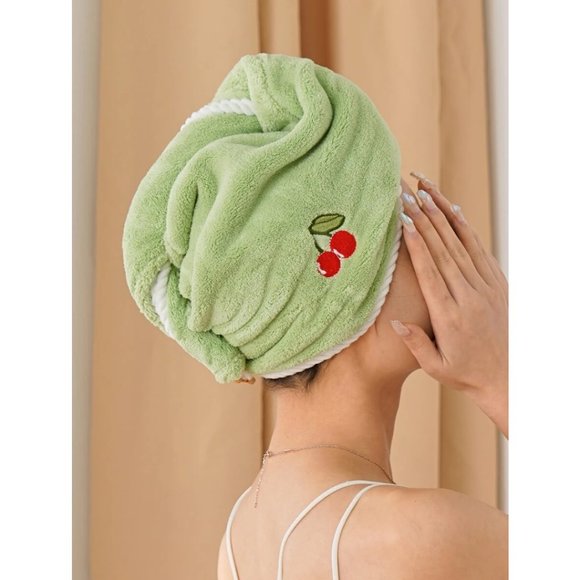 GREEN CHERRY EMBROIDERY HAIR TOWEL 1 PIECE - Picture 3 of 5